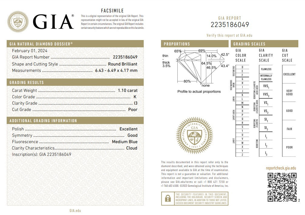 Round Brilliant Cut Diamond - K I3 - 1.10ct
