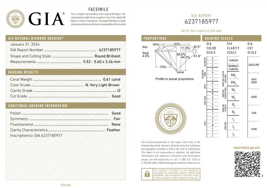 Round Brilliant Cut Diamond - N I2 - 0.61ct